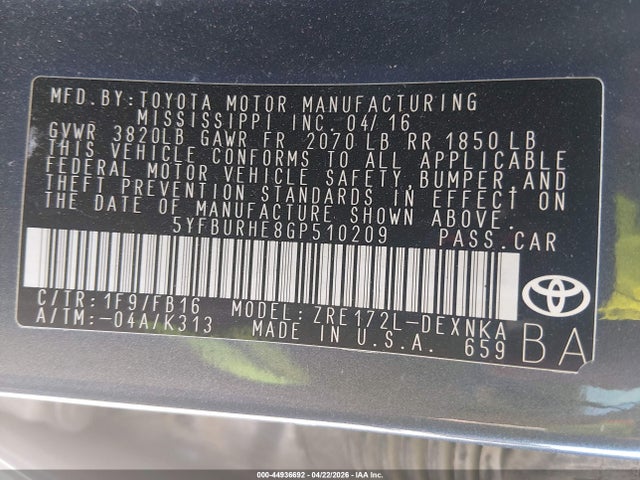 Продажа на аукционе авто 2016 Toyota Corolla Le, vin: 5YFBURHE8GP510209, номер лота: 44936692