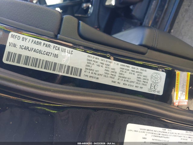 44936702 :رقم المزاد ، 1C4RJFAG6LC427186 vin ، 2020 Jeep Grand Cherokee Altitude مزاد بيع