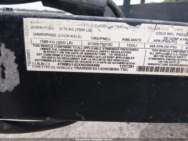 Продаж на аукціоні авто 2022 Carry On Trailer, vin: 4YMBU142XNG059499, номер лоту: 44936728