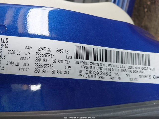 Auction sale of the 2019 Dodge Grand Caravan Se, vin: 2C4RDGBG4KR502016, lot number: 44936739