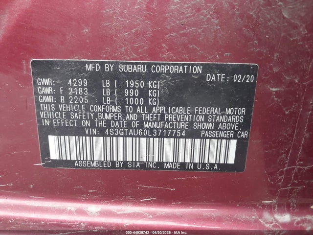 Aukcja sprzedaży 2020 Subaru Impreza Limited 5-door, vin: 4S3GTAU60L3717754, numer aukcji: 44936742