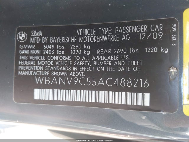 Продажа на аукционе авто 2010 Bmw 535i Xdrive, vin: WBANV9C55AC488216, номер лота: 44936760