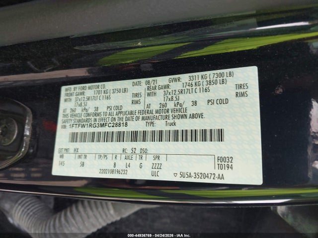 Продаж на аукціоні авто 2021 Ford F-150 Raptor, vin: 1FTFW1RG3MFC28818, номер лоту: 44936769