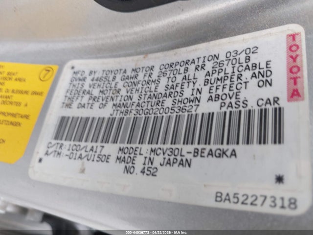 Aukcja sprzedaży 2002 Lexus Es 300, vin: JTHBF30G020053627, numer aukcji: 44936773