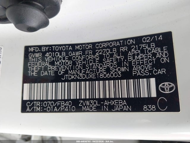 Продаж на аукціоні авто 2014 Toyota Prius Two, vin: JTDKN3DUXE1806003, номер лоту: 44936793