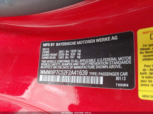 44936794 :رقم المزاد ، WMWXP7C52F2A41639 vin ، 2015 Mini Hardtop Cooper S مزاد بيع