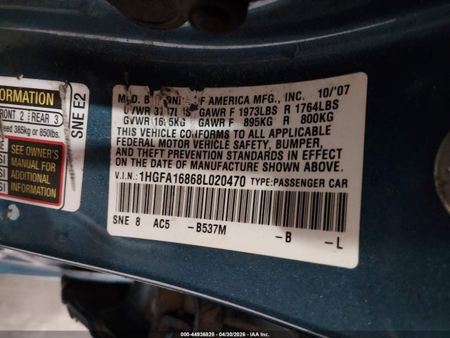 Auction sale of the 2008 Honda Civic Ex, vin: 1HGFA16868L020470, lot number: 44936828