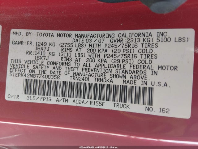 Продаж на аукціоні авто 2007 Toyota Tacoma, vin: 5TEPX42N87Z400358, номер лоту: 44936838