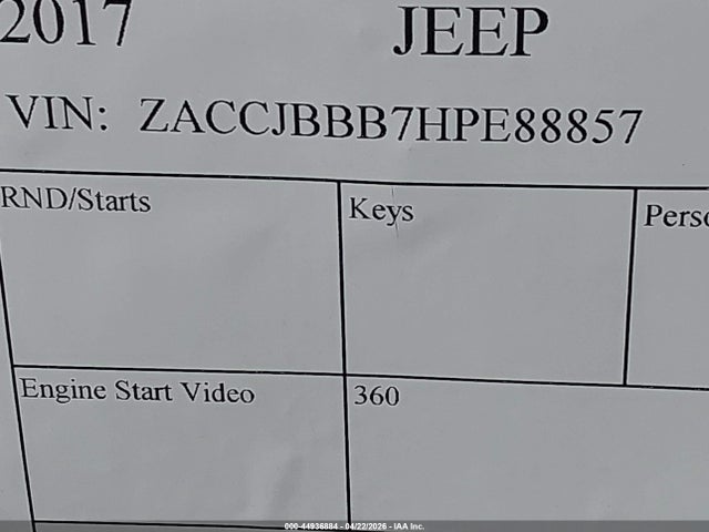 Продаж на аукціоні авто 2017 Jeep Renegade Latitude 4x4, vin: ZACCJBBB7HPE88857, номер лоту: 44936884