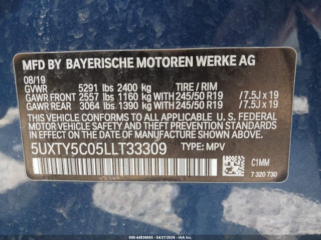 2020 Bmw X3 Xdrive30i მანქანა იყიდება აუქციონზე, vin: 5UXTY5C05LLT33309, აუქციონის ნომერი: 44936885