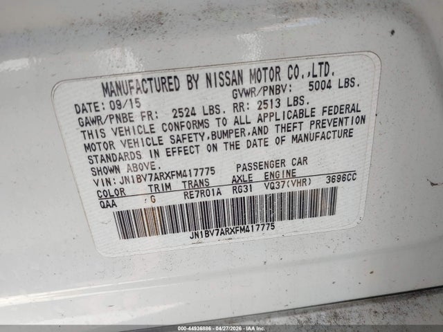2015 Infiniti Q50 მანქანა იყიდება აუქციონზე, vin: JN1BV7ARXFM417775, აუქციონის ნომერი: 44936886