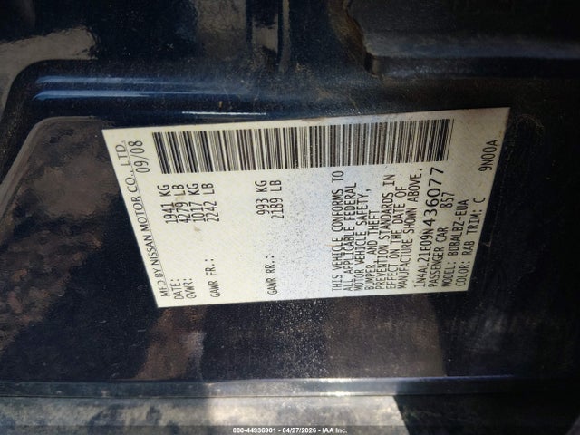 2009 Nissan Altima 2.5 S მანქანა იყიდება აუქციონზე, vin: 1N4AL21E09N436077, აუქციონის ნომერი: 44936901