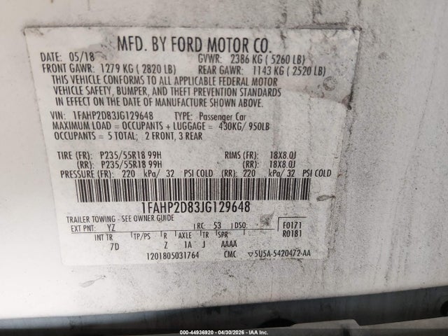 Продажа на аукционе авто 2018 Ford Taurus Se, vin: 1FAHP2D83JG129648, номер лота: 44936920