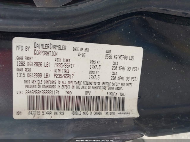 Aukcja sprzedaży 2006 Chrysler Pacifica Touring, vin: 2A4GM68436R831174, numer aukcji: 44936939