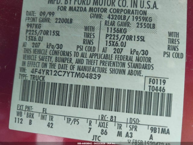 44936942 :رقم المزاد ، 4F4YR12C7YTM04839 vin ، 2000 Mazda B2500 Se/sx مزاد بيع