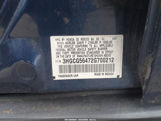 Aukcja sprzedaży 2002 Honda Accord 2.3 Lx, vin: 3HGCG56472G700212, numer aukcji: 44936944