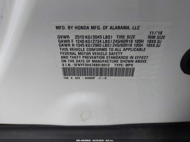 44936949 :رقم المزاد ، 5FNYF5H47KB018912 vin ، 2019 Honda Pilot Ex-l مزاد بيع