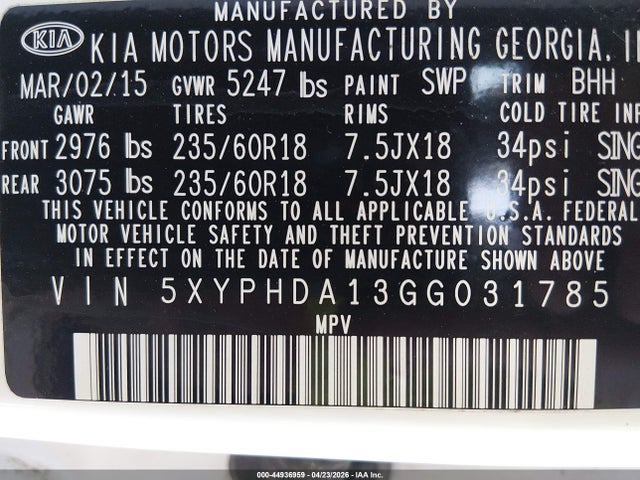 Aukcja sprzedaży 2016 Kia Sorento 2.0t Ex, vin: 5XYPHDA13GG031785, numer aukcji: 44936959