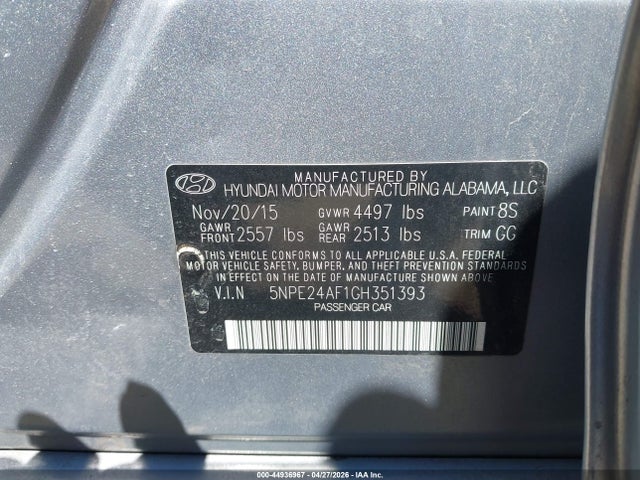 Aukcja sprzedaży 2016 Hyundai Sonata Se, vin: 5NPE24AF1GH351393, numer aukcji: 44936967