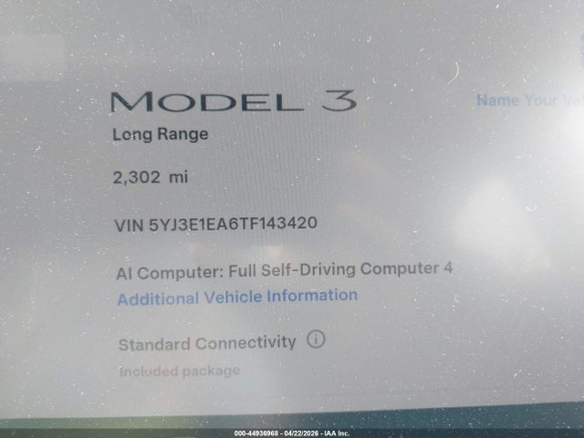 Aukcja sprzedaży 2026 Tesla Model 3 Premium Rear-wheel Drive/rear-wheel Drive, vin: 5YJ3E1EA6TF143420, numer aukcji: 44936968