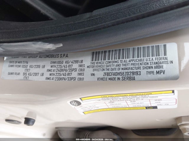 44936999 :رقم المزاد ، ZFBCFADH5EZ029193 vin ، 2014 Fiat 500l Trekking مزاد بيع