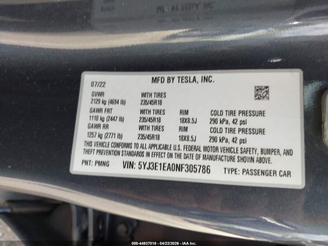 Aukcja sprzedaży 2022 Tesla Model 3 Rear-wheel Drive, vin: 5YJ3E1EA0NF305786, numer aukcji: 44937018