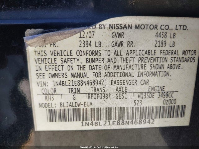Aukcja sprzedaży 2008 Nissan Altima 3.5 Se, vin: 1N4BL21E88N468942, numer aukcji: 44937019