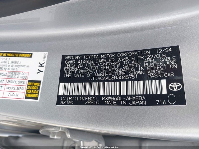 Aukcja sprzedaży 2024 Toyota Prius Le, vin: JTDACAAU6R3045751, numer aukcji: 44937020