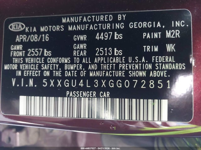 5XXGU4L3XGG072851 KIA OPTIMA EX