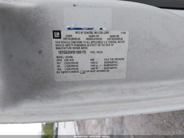 Продаж на аукціоні авто 2005 Gmc Savana Standard, vin: 1GTGG25V951900178, номер лоту: 44937033