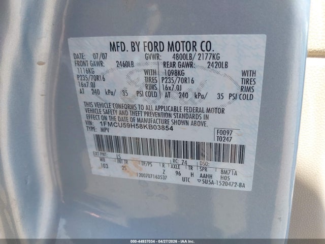 Продажа на аукционе авто 2008 Ford Escape Hybrid, vin: 1FMCU59H58KB03854, номер лота: 44937034