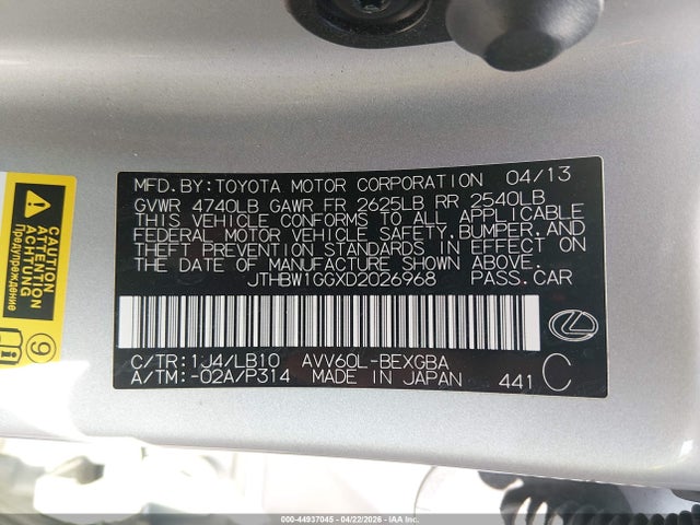 Aukcja sprzedaży 2013 Lexus Es 300h, vin: JTHBW1GGXD2026968, numer aukcji: 44937045