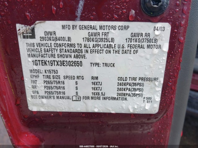 2003 Gmc Sierra 1500 Sle მანქანა იყიდება აუქციონზე, vin: 1GTEK19TX3E302650, აუქციონის ნომერი: 44937050