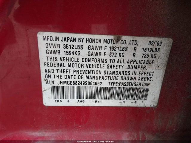 Aukcja sprzedaży 2009 Honda Fit, vin: JHMGE88249S064062, numer aukcji: 44937051
