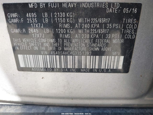 2016 Subaru Outback 2.5i Premium მანქანა იყიდება აუქციონზე, vin: 4S4BSAHC4G3351392, აუქციონის ნომერი: 44937060