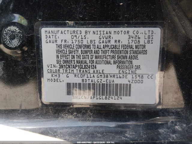 2016 Nissan Versa 1.6 Sl მანქანა იყიდება აუქციონზე, vin: 3N1CN7AP1GL824124, აუქციონის ნომერი: 44937062