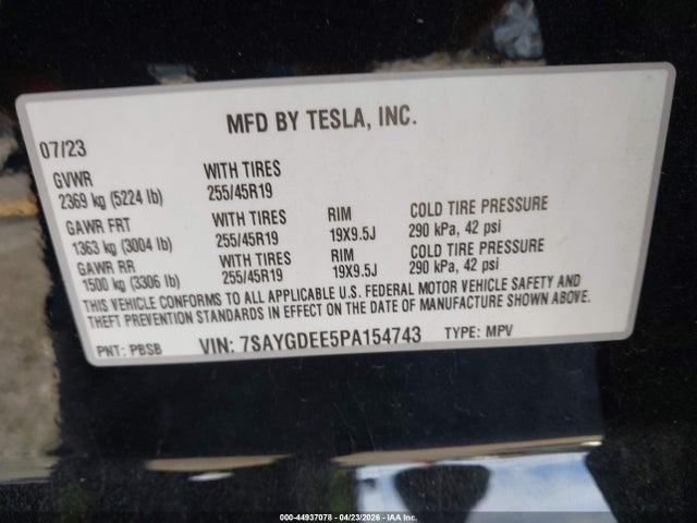 Продажа на аукционе авто 2023 Tesla Model Y, vin: 7SAYGDEE5PA154743, номер лота: 44937078