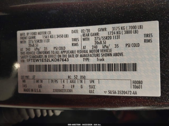 2020 Ford F-150 Xlt მანქანა იყიდება აუქციონზე, vin: 1FTEW1E52LKD87643, აუქციონის ნომერი: 44937086