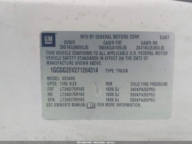 44937090 :رقم المزاد ، 1GCGG25V271204314 vin ، 2007 Chevrolet Express Work Van مزاد بيع