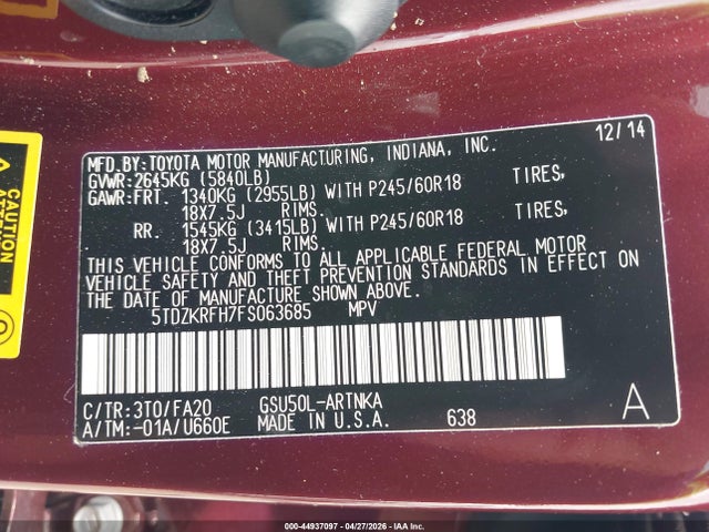 Aukcja sprzedaży 2015 Toyota Highlander Le Plus V6, vin: 5TDZKRFH7FS063685, numer aukcji: 44937097