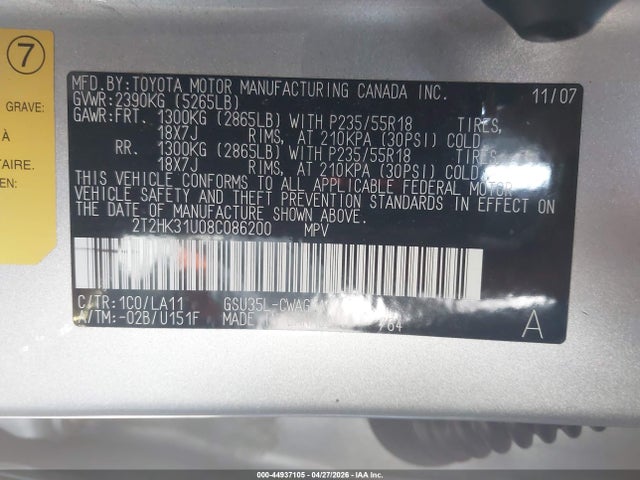 Aukcja sprzedaży 2008 Lexus Rx 350, vin: 2T2HK31U08C086200, numer aukcji: 44937105
