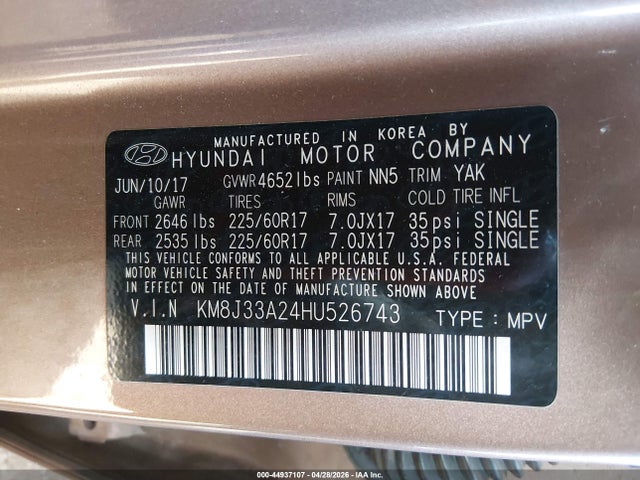 Aukcja sprzedaży 2017 Hyundai Tucson Eco, vin: KM8J33A24HU526743, numer aukcji: 44937107