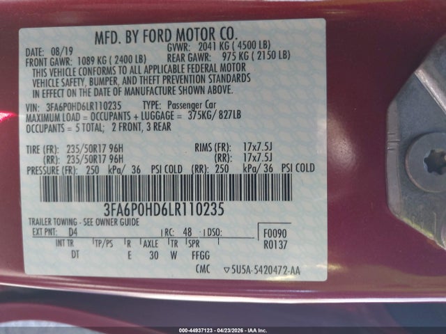 Aukcja sprzedaży 2020 Ford Fusion Se, vin: 3FA6P0HD6LR110235, numer aukcji: 44937123