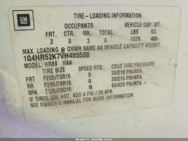 Aukcja sprzedaży 1997 Buick Lesabre Limited Cmi, vin: 1G4HR52K7VH405538, numer aukcji: 44937137