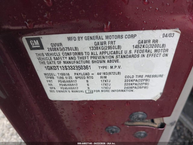 44937140 :رقم المزاد ، 1GKDT13S332350361 vin ، 2003 Gmc Envoy Slt مزاد بيع