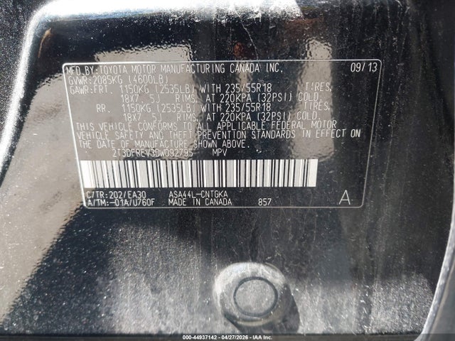Auction sale of the 2013 Toyota Rav4 Limited, vin: 2T3DFREV3DW092795, lot number: 44937142