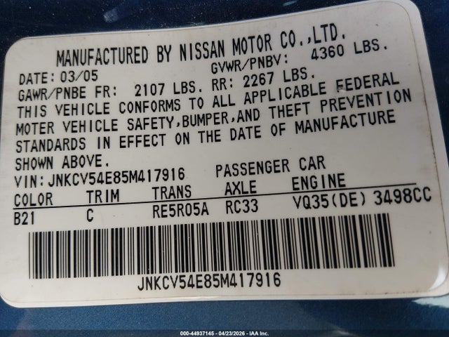 44937145 :رقم المزاد ، JNKCV54E85M417916 vin ، 2005 Infiniti G35 مزاد بيع