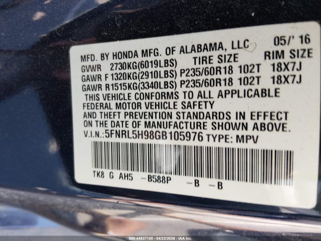 2016 Honda Odyssey Touring/touring Elite მანქანა იყიდება აუქციონზე, vin: 5FNRL5H98GB105976, აუქციონის ნომერი: 44937150