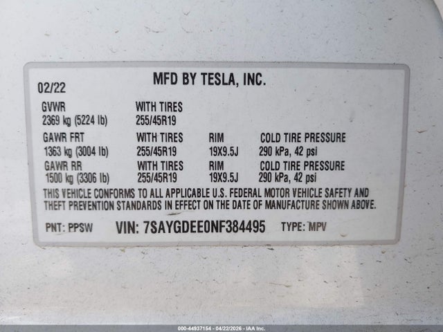 44937154 :رقم المزاد ، 7SAYGDEE0NF384495 vin ، 2022 Tesla Model Y Long Range Dual Motor All-wheel Drive مزاد بيع
