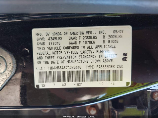 44937157 :رقم المزاد ، 1HGCM66467A085446 vin ، 2007 Honda Accord 3.0 Se مزاد بيع